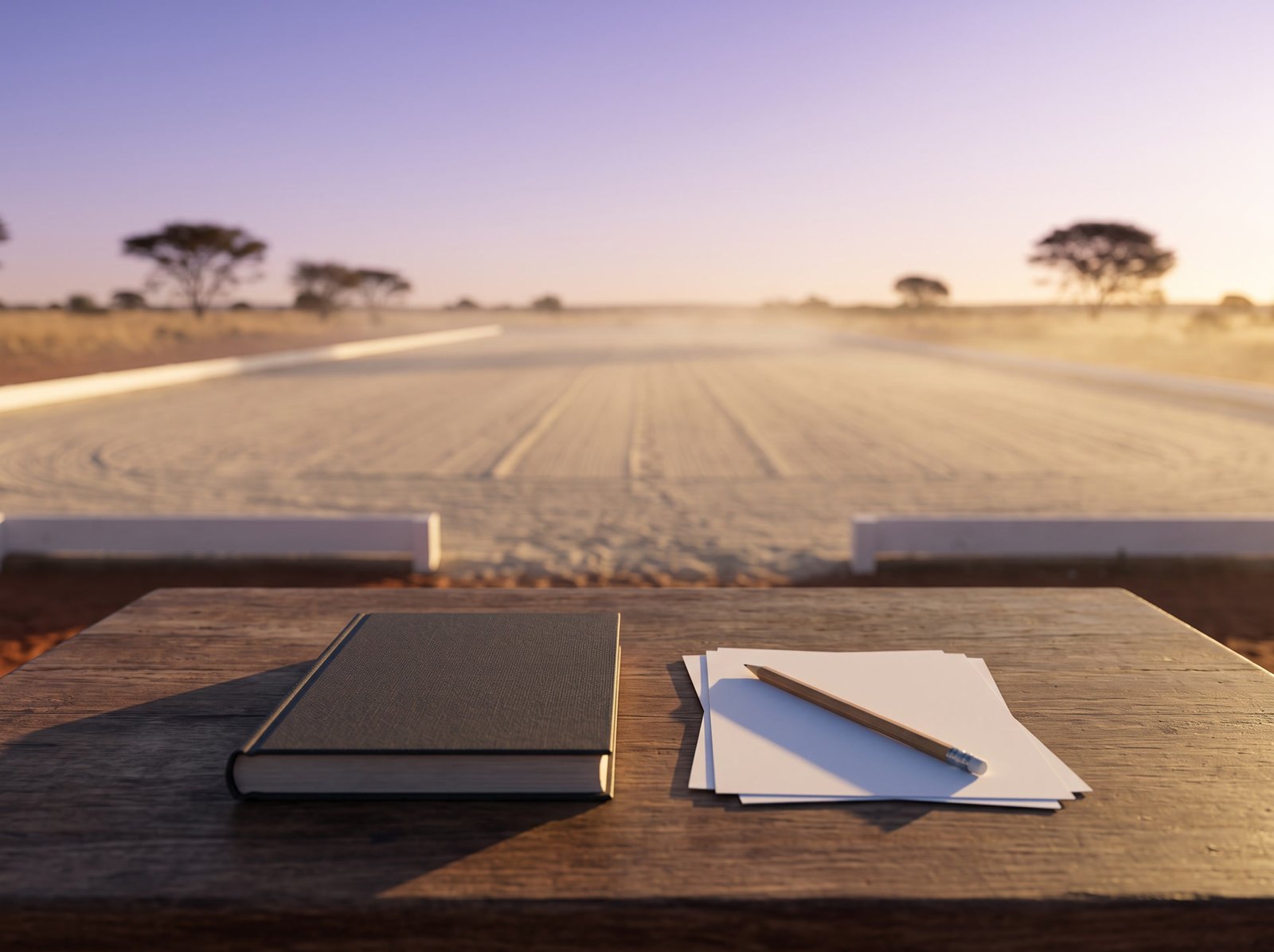The judge's table at dawn: a closed rule book, a pencil and blank sheets, the arena beyond