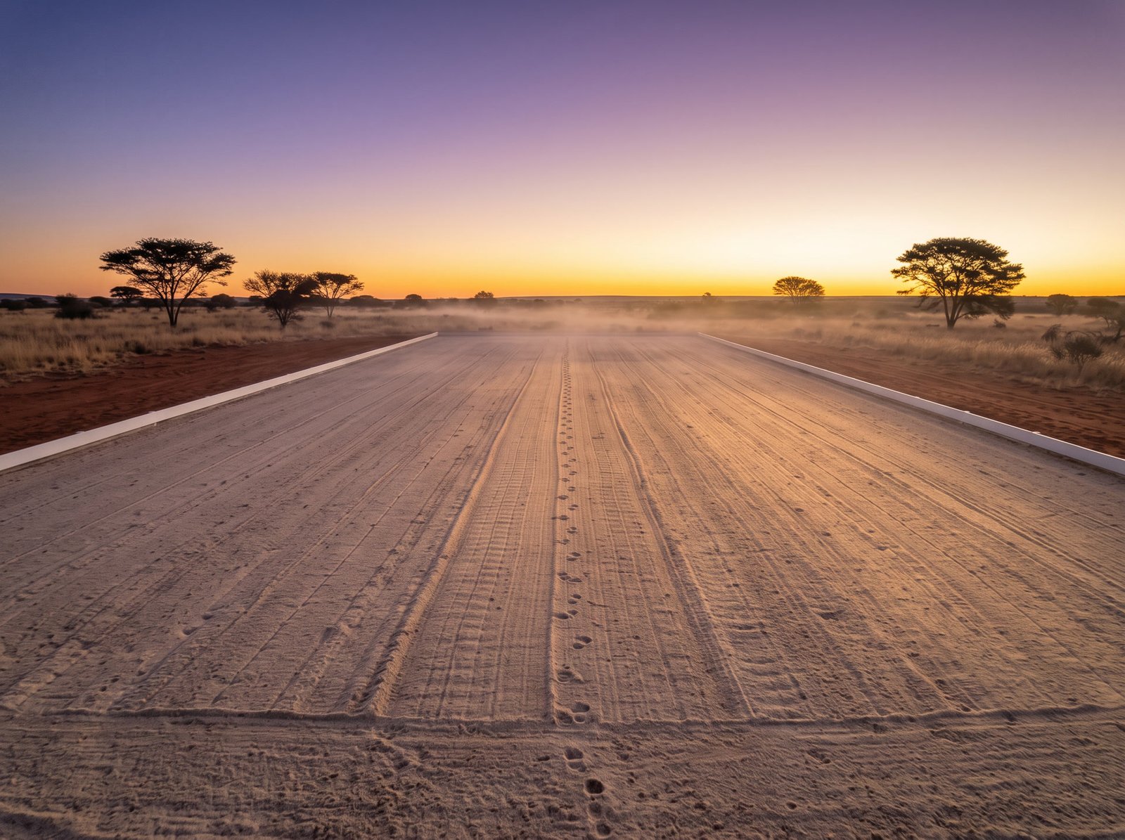 The centre line at dawn: raked sand and a line of hoofprints running to the far boards