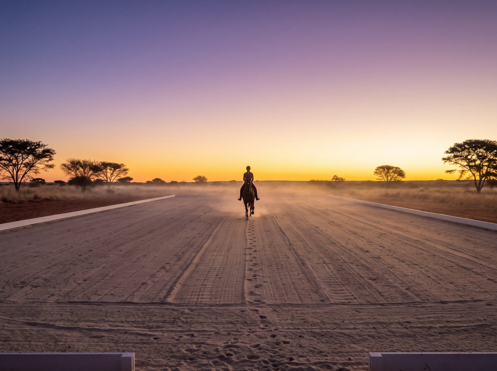 A horse and rider in silhouette in collected trot, coming down the centre line at dawn
